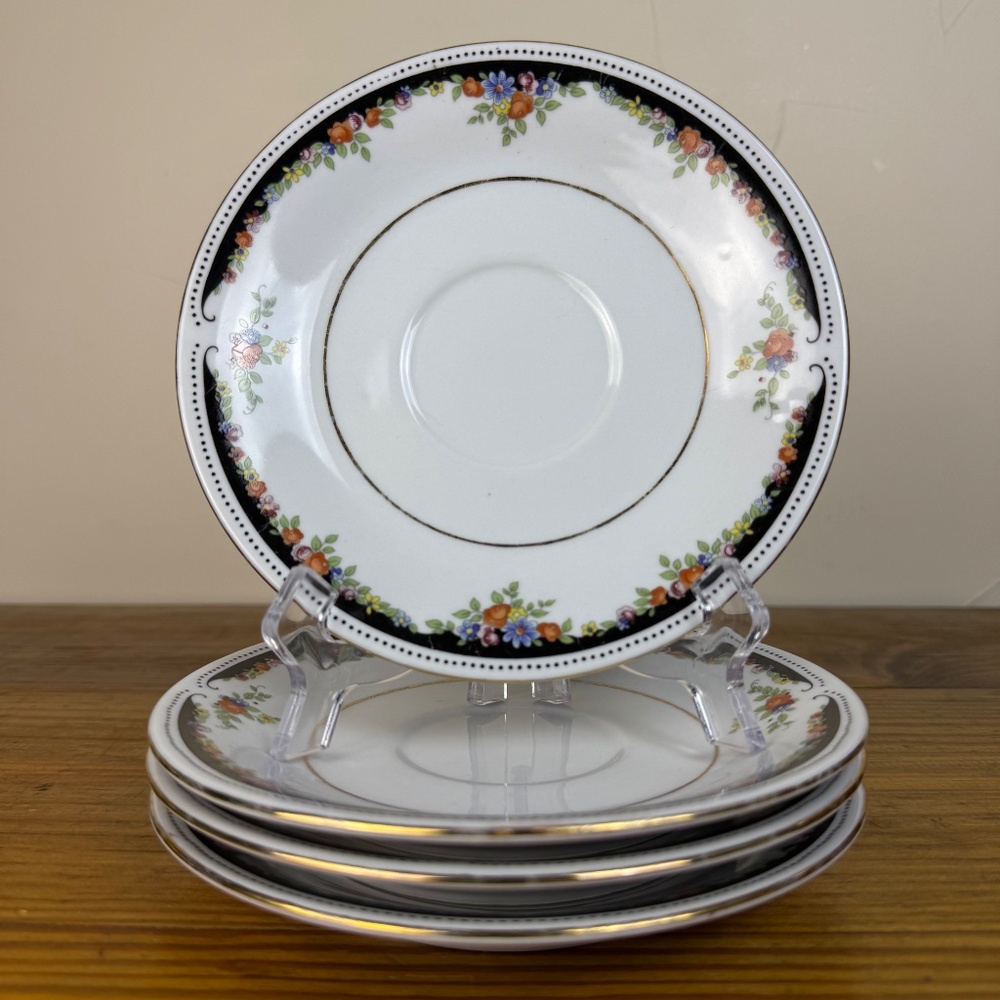 Set of 4 Lynn’s Fine China Saucers – Floral Black & Gold Trim, 6.25” - Picture 5 of 13